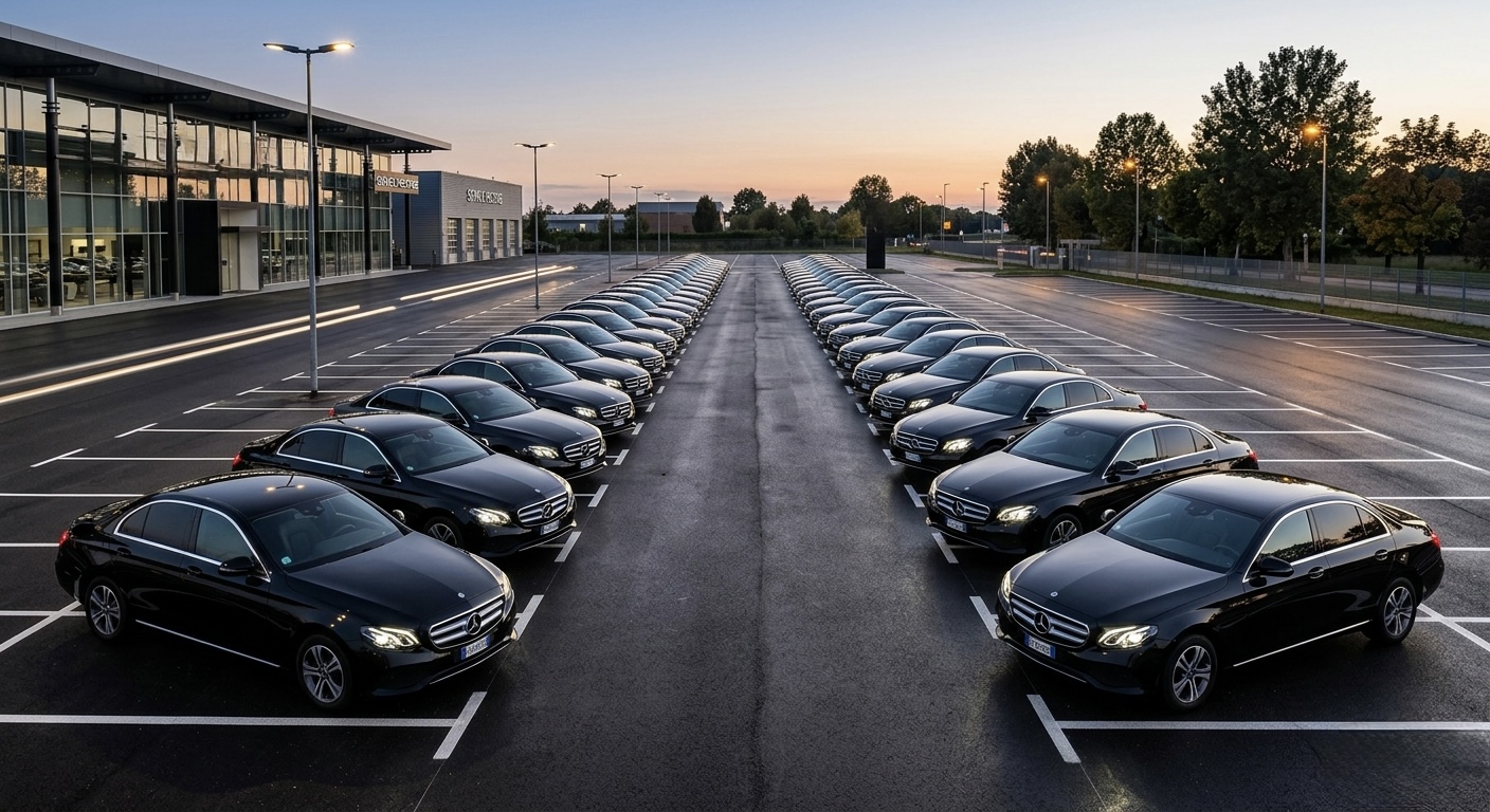 Flotte de berlines Mercedes-Benz noires alignées — véhicules de fonction LavAuto Casablanca